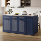 LIKIMIO 59" Kitchen Island with Power Outlet & Hidden Trash can Storage, Faux Marble Island Table with Seating Area, 3-Tier Spice Rack, 3 Drawers, 2-Tier Cabinet, Rolling Kitchen Cart on Wheels, Blue