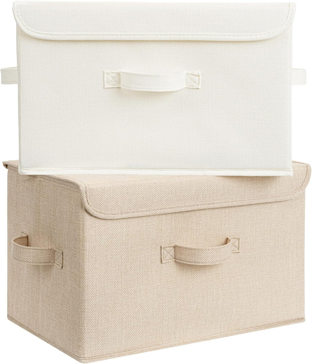 GRANNY SAYS Stoarge Basket with Lid, Decorative Storage Boxes, Closet Storage Bins for Clothes, Collapsible Stackable Organization, Ivory White&Khaki, 2-Pack