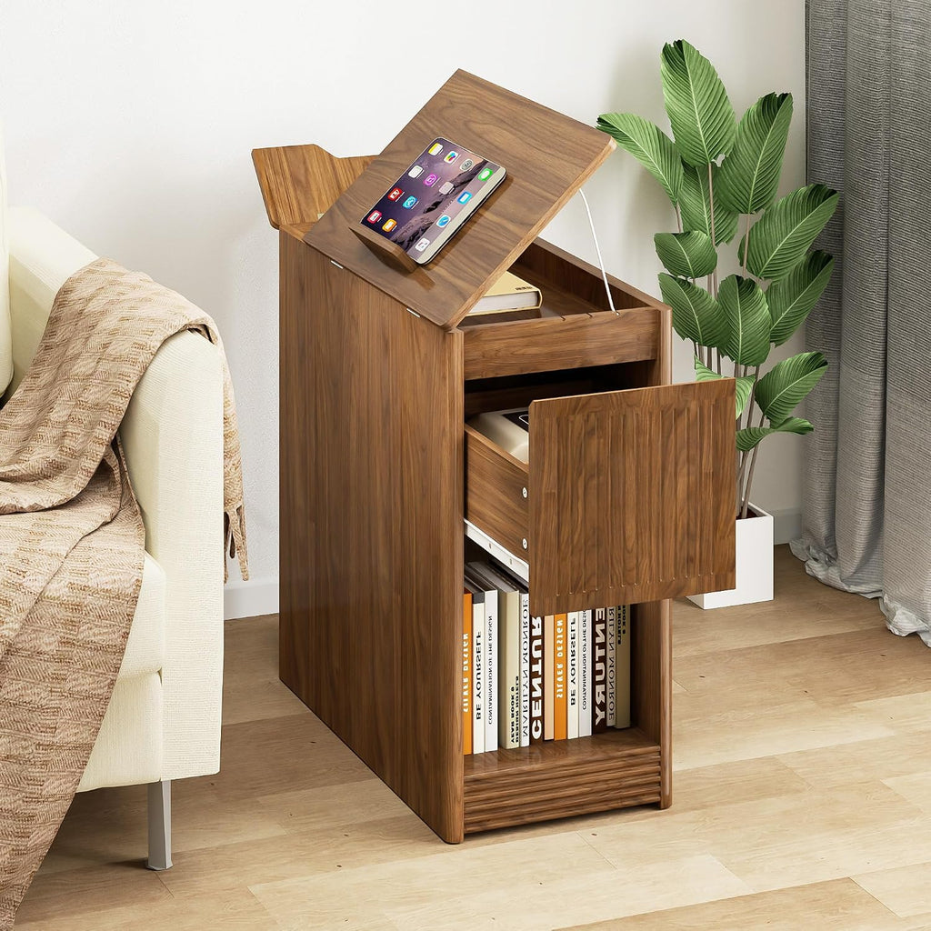 Narrow Side Table with Charging Station, End Table with Storage, Drawer and Wheels, Flip Top Small Modern Nightstand with USB Ports and Outlets for Living Room, Bedroom, Office (Walnut)