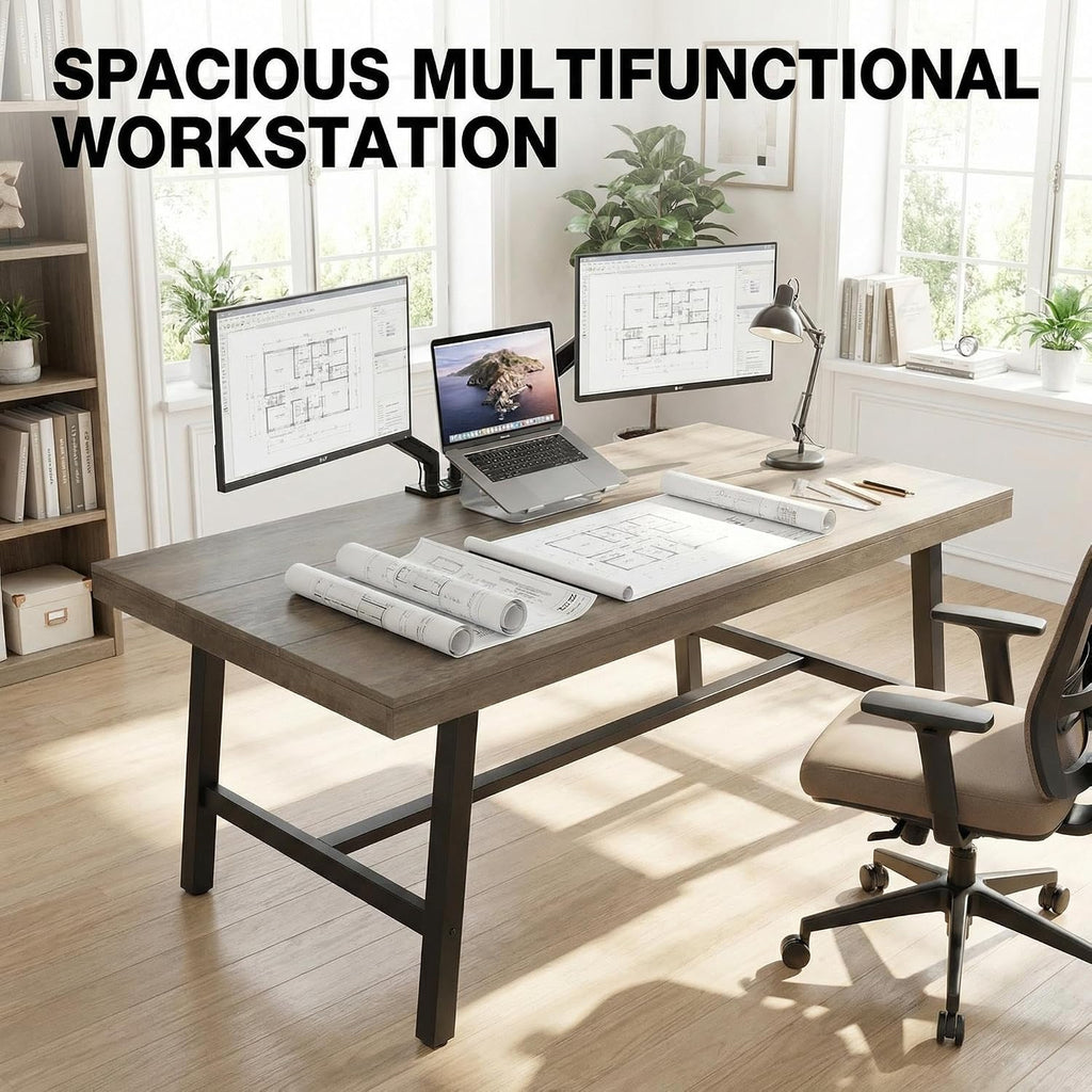 71" Industrial Dining Table for 6-8 People, Rectangular Kitchen Table with Large Wood Top & Sturdy Metal Frame, Spacious Office Writing Desk for Home, Kitchen, Family Gatherings, Grey