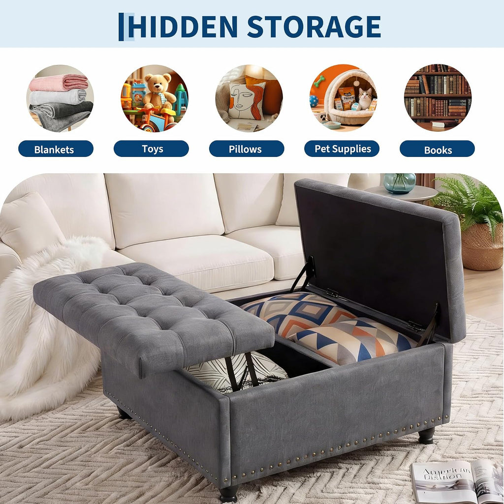 Garvee 36'' Large Square Storage Ottoman, Lift Top Storage Ottoman Coffee Table with Tufted Upholstery and Wood Legs, Ottoman with Storage for Living Room, Bedroom, 44.6 Gallon, 300 Lbs, Gray