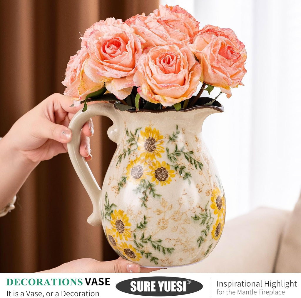 Sunflower Vintage Ceramic Yellow Floral Pitcher Vase with Handle 7.9”, Rustic Farmhouse Chinoiserie Vase, Grandmillennial Decor for Living Room, Bookshelf, Mantel Decor, Mom Gift