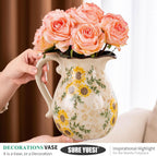 Sunflower Vintage Ceramic Yellow Floral Pitcher Vase with Handle 7.9”, Rustic Farmhouse Chinoiserie Vase, Grandmillennial Decor for Living Room, Bookshelf, Mantel Decor, Mom Gift