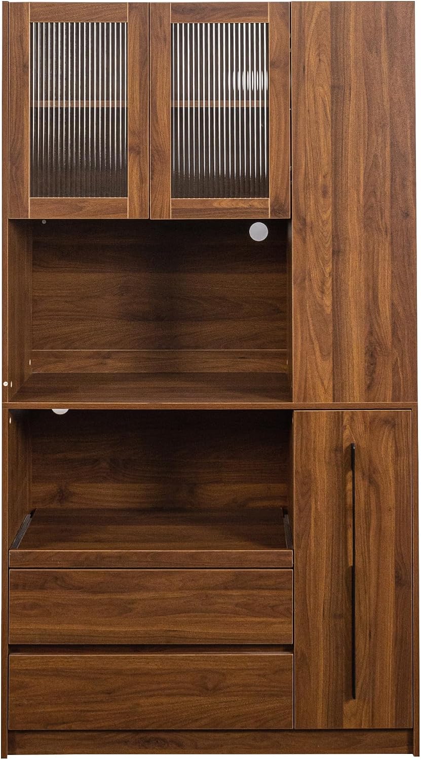 70.87" Tall Kitchen Pantry Cabinet with Pull-Out Storage Shelf and 4-Tier Side Shelf, 2 Drawers, Freestanding Food Hutch with Microwave Stand and Glass Door, Coffee Bar Storage Cabinet, Walnut
