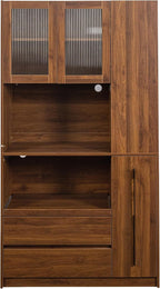 70.87" Tall Kitchen Pantry Cabinet with Pull-Out Storage Shelf and 4-Tier Side Shelf, 2 Drawers, Freestanding Food Hutch with Microwave Stand and Glass Door, Coffee Bar Storage Cabinet, Walnut