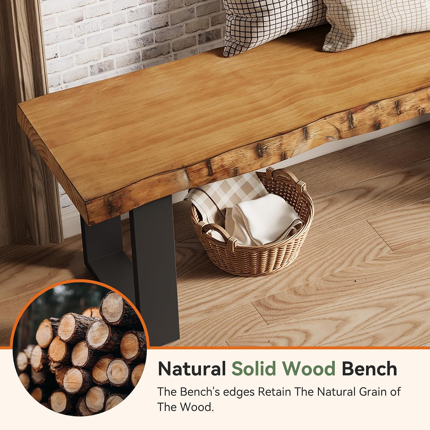 47" Solid Wood Entryway Bench, Industrial Wooden Shoe Bench with Metal Legs, Narrow Long End of Bed Bench for Bedroom, Living Room, Small Space, Easy Assembly
