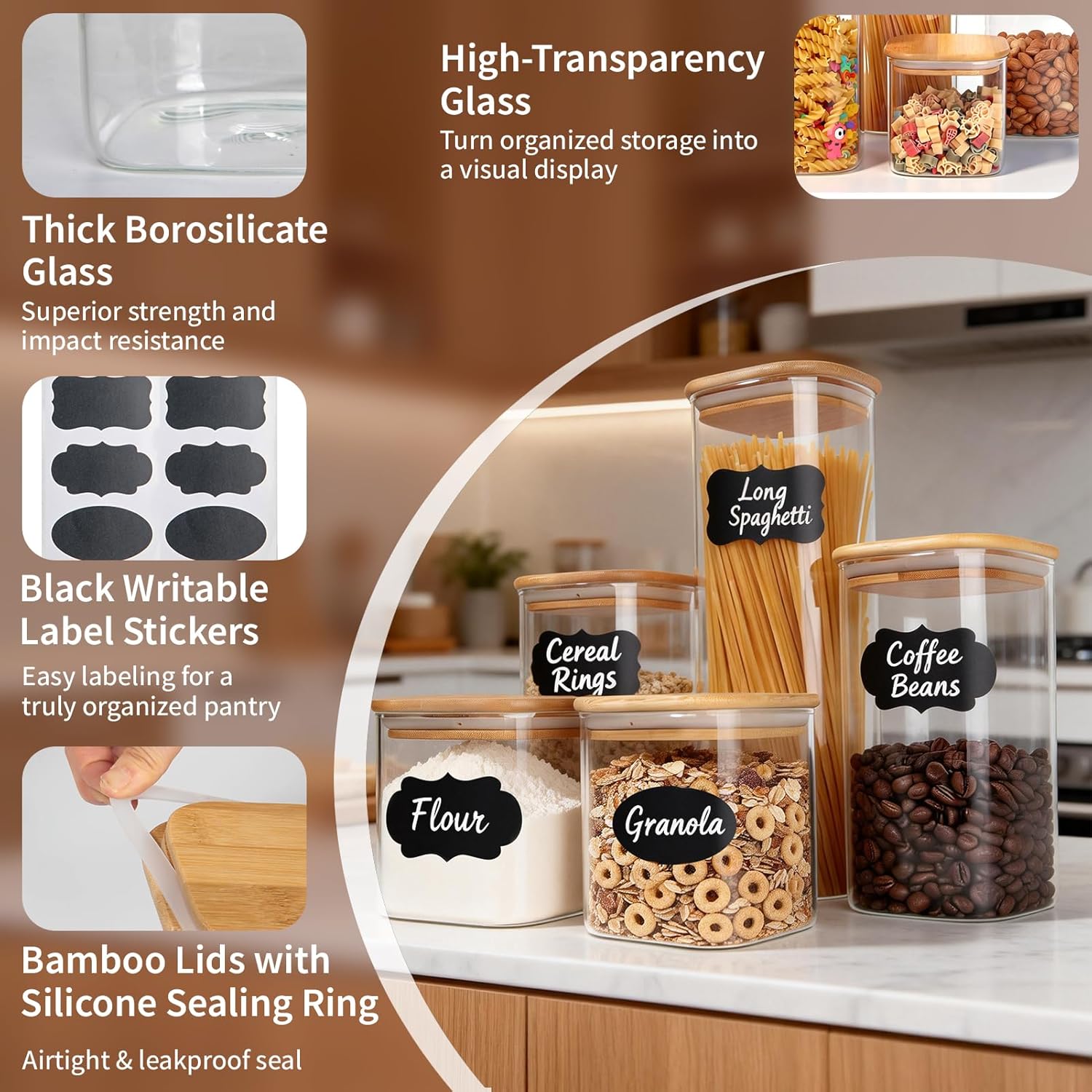 77L Glass Storage Containers with Lids [Multi-Size Set of 5], Airtight Glass Canisters for Kitchen & Pantry Organization, Clear Food Jars for Pasta, Cereal, Flour, Sugar, Coffee, Nuts & Snacks