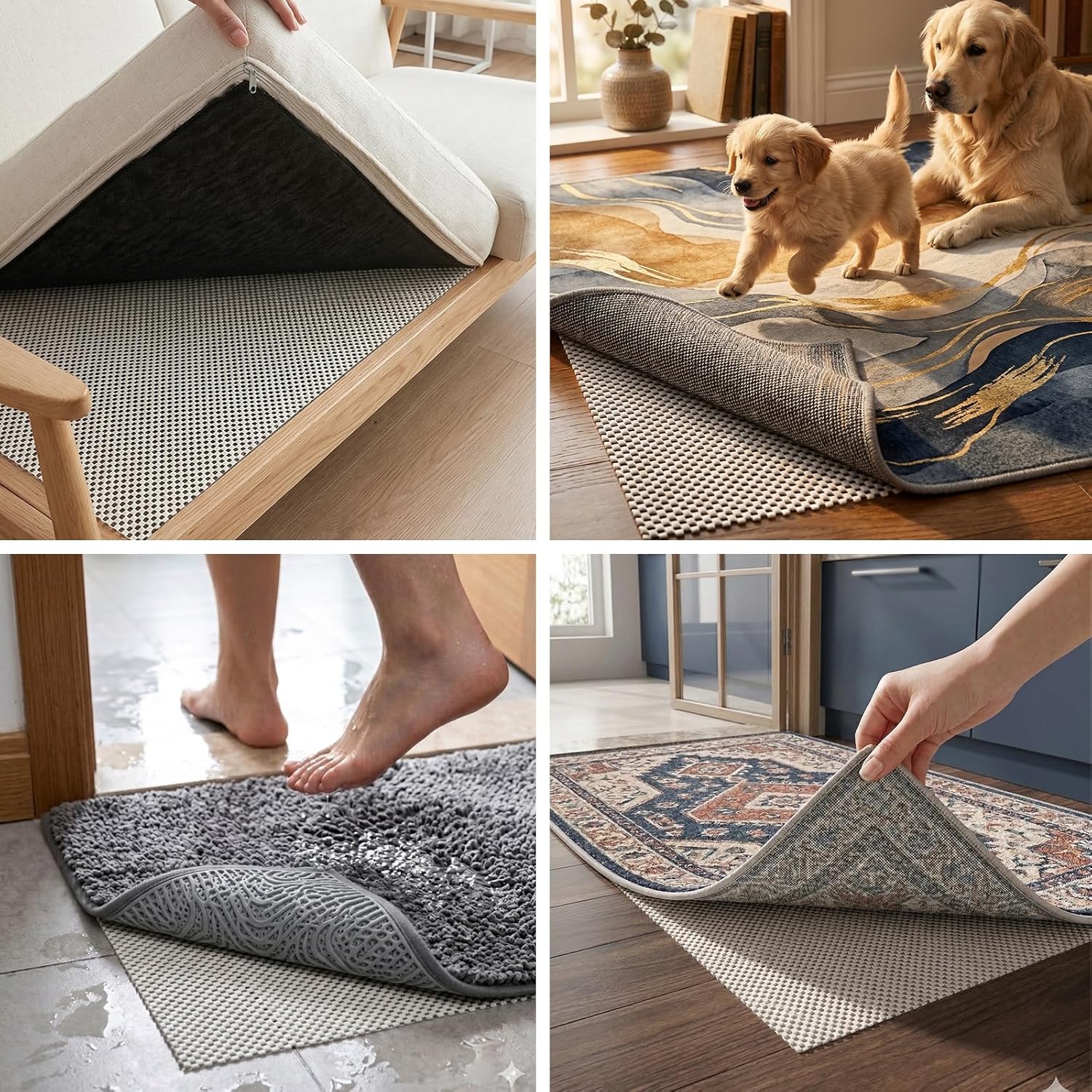 Non-Slip Rug Pad 9x12 Ft – 9 x 12 Ventilated PVC Mesh Underlay for Hardwood & Tile Floors, Easy-Cut Anti-Skid Carpet Gripper for Living Room Area Rugs
