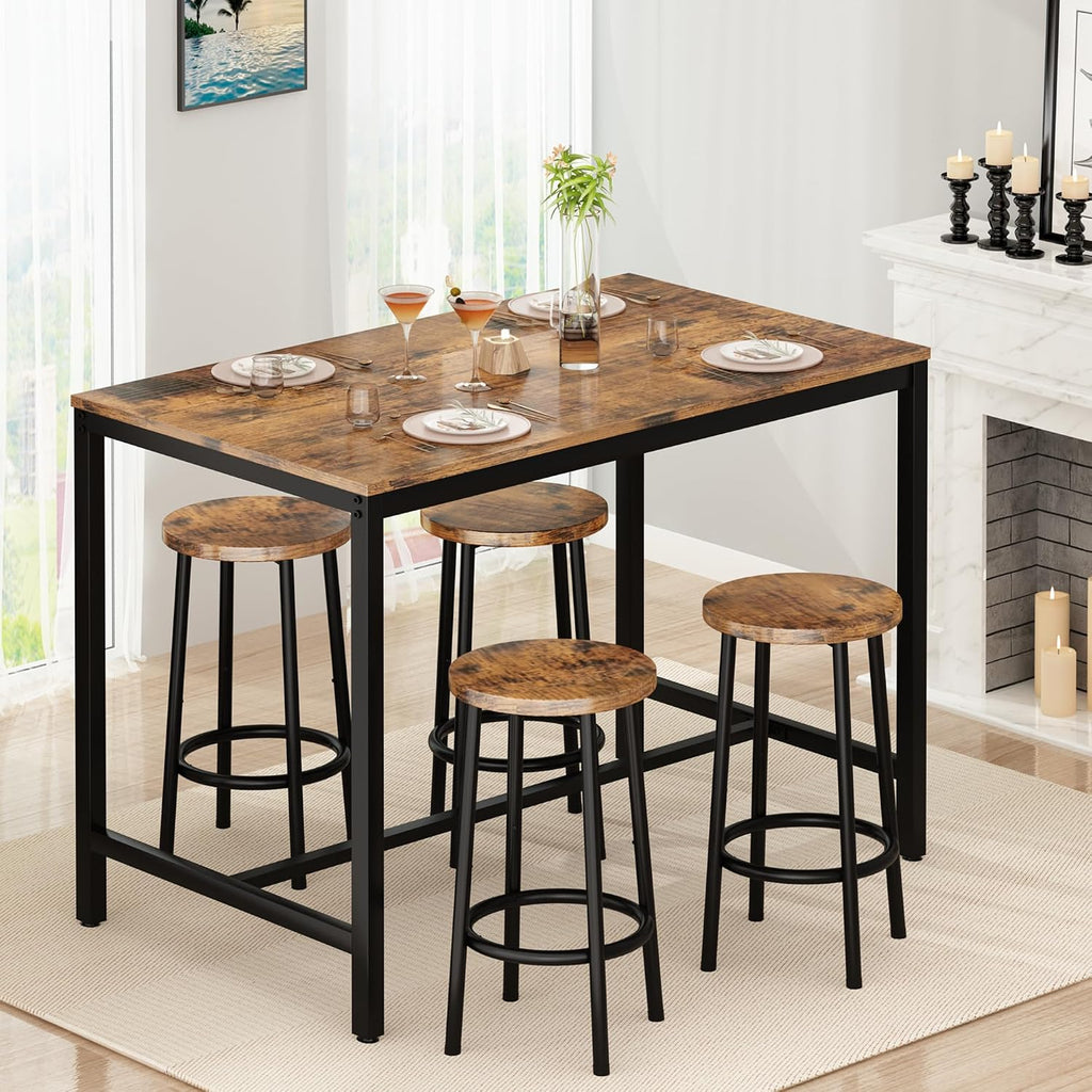 Lamerge Bar Table Set,Industrial Bar Table and Chairs Set,5 Pcs Dining Table Set Counter Height Pub Table with 4 Chairs, Wooden Breakfast Table Set Kitchen Counter,Adjustable Feet,Rustic Vintage