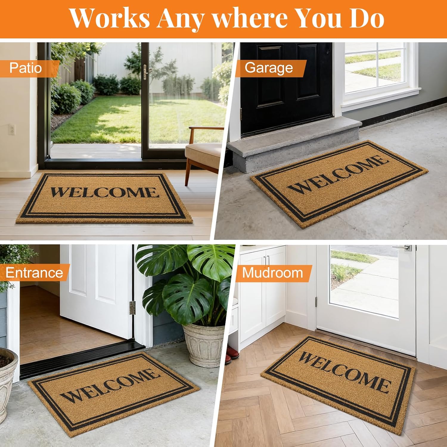Kelarea Coco Coir Welcome Door Mat with Heavy Duty Backing, 17" x 30" Non-Slip, Easy Clean Mat for Front Door, Entrance, Porch, Indoor/Outdoor