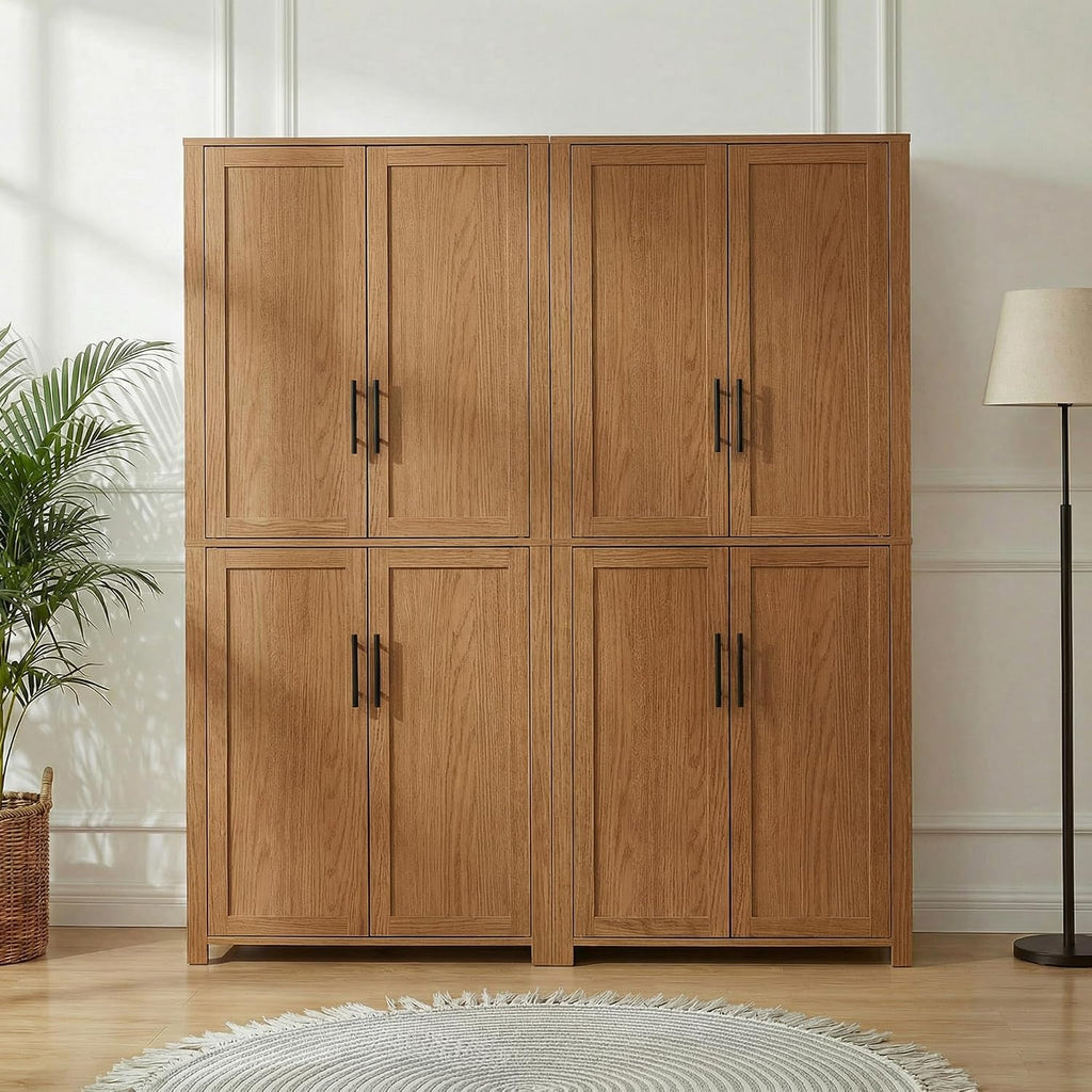 67" Tall Kitchen Pantry Cabinet, 28" W Storage Cabinet for Kitchen | 67" x 28" x 15" size, 4 adjustable shelves, engineered wood, anti-tip compatible, Shaker doors, Oak