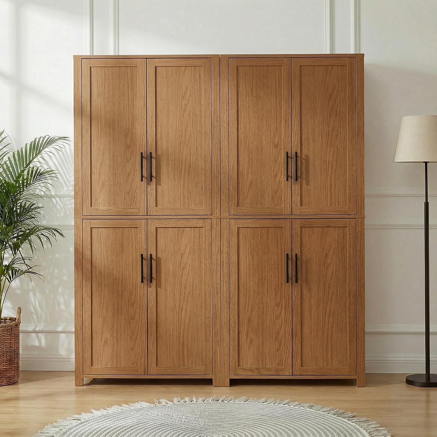 67" Tall Kitchen Pantry Cabinet, 28" W Storage Cabinet for Kitchen | 67" x 28" x 15" size, 4 adjustable shelves, engineered wood, anti-tip compatible, Shaker doors, Oak