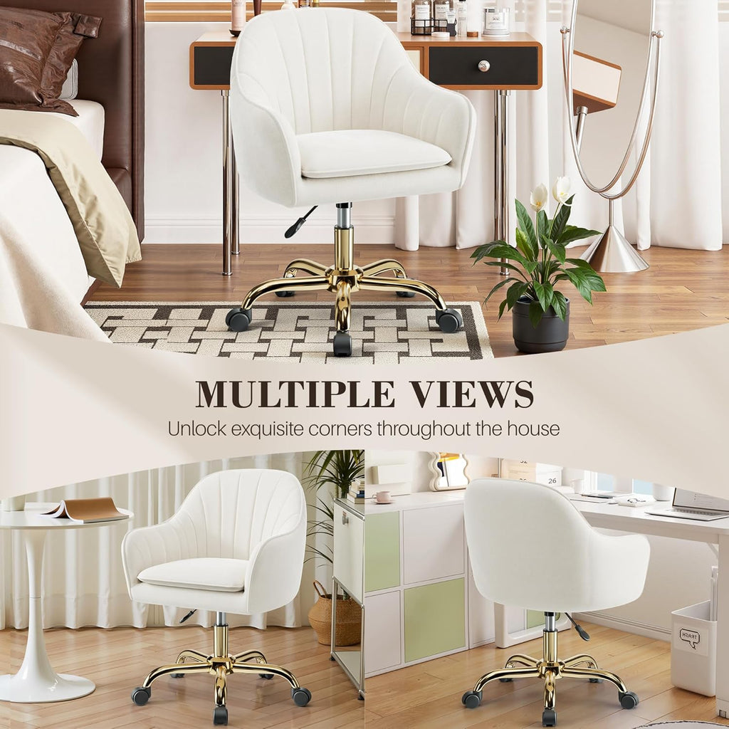Vanity Chair with Wheels, Adjustable Swivel Desk Chair, Velvet Home Office Makeup Chair with Gold Base, Beige