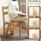 4 Tier Folding Step Ladder, 3-in-1 Wooden Folding Ladder Chair, Portable Multi-Function Step Stool, 198 lbs Capacity Indoor and Outdoor Display Rack Flower Rack,for Library,Home,Kitchen (Wood color)