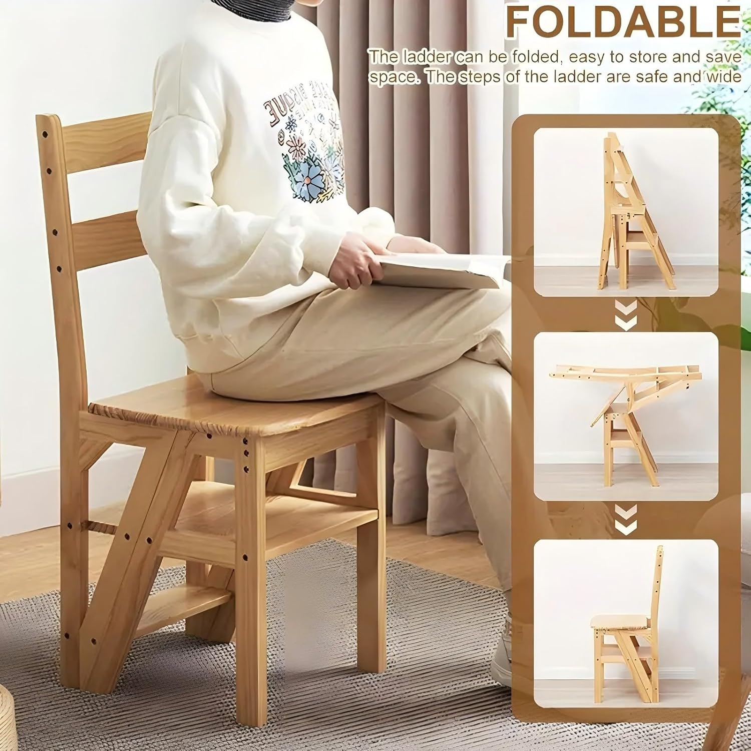 4 Tier Folding Step Ladder, 3-in-1 Wooden Folding Ladder Chair, Portable Multi-Function Step Stool, 198 lbs Capacity Indoor and Outdoor Display Rack Flower Rack,for Library,Home,Kitchen (Wood color)