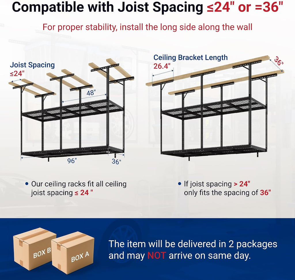 FLEXIMOUNTS 3x8ft 2-Tier Garage Ceiling Storage Rack, Adjustable Overhead Garage Storage System, Heavy Duty Metal Shelving, 1000 lbs Capacity, Ideal for 9–15ft High Ceilings, Black