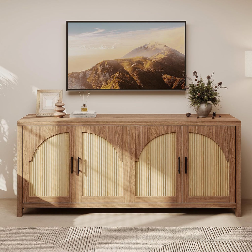 Bestier 70" Sideboard Buffet Cabinet with Storage, Boho Credenza Storage Cabinet, Farmhouse Arch Fluted Doors & Adjustable Shelves, Wood Long Buffet Cabinet for Living Room, Entryway, English Oak