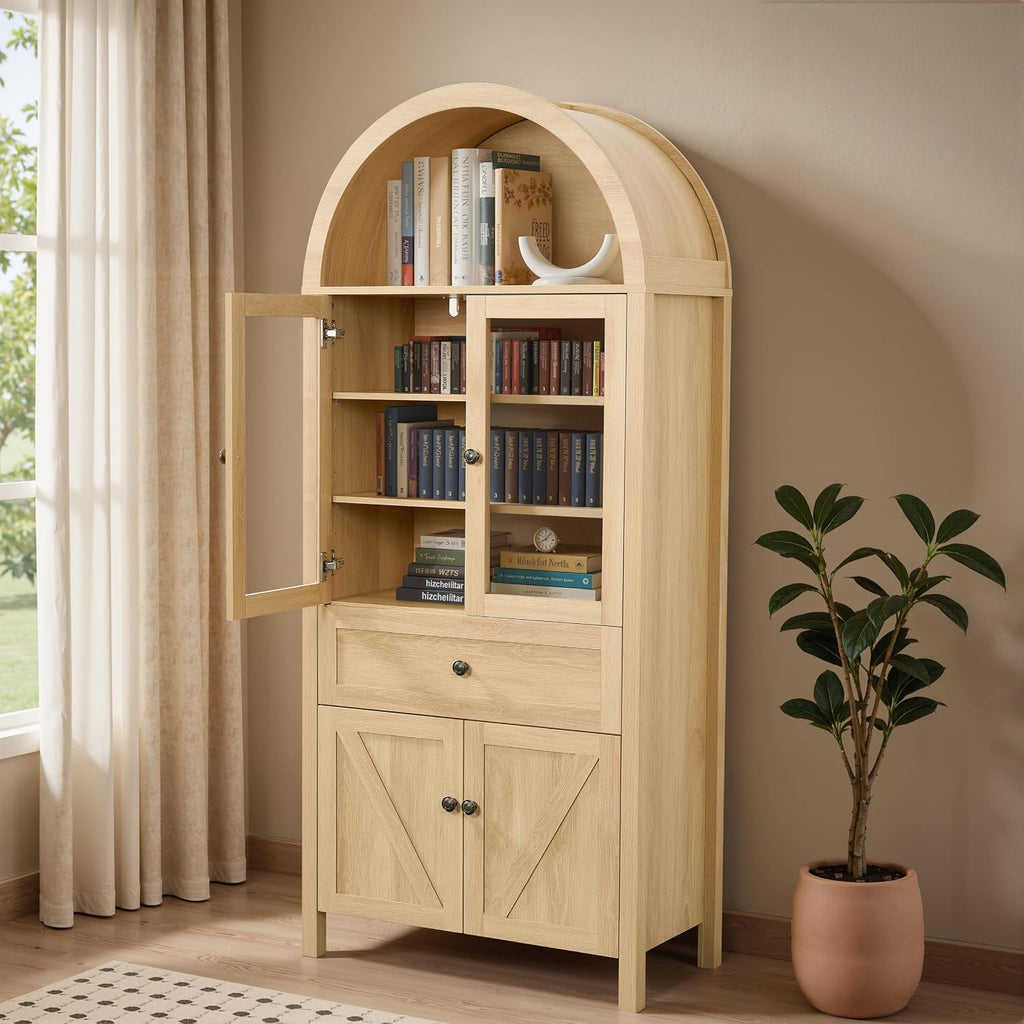 Retro Curved Cabinet, Arched Bookcase with Glass Doors, Natural Wood Display Cabinet with Drawer and Adjustable Shelves, Modern Storage Cabinet for Living Room, Dining Room and Office