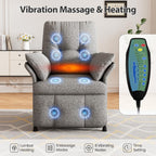Power Recliner Chair for Adults with Heat & Massage - Linen Electric Reclining Sofa with Remote Control, 3 Side Pockets, 180° Lay Sleeper for Living Room Home Theater, Light Grey