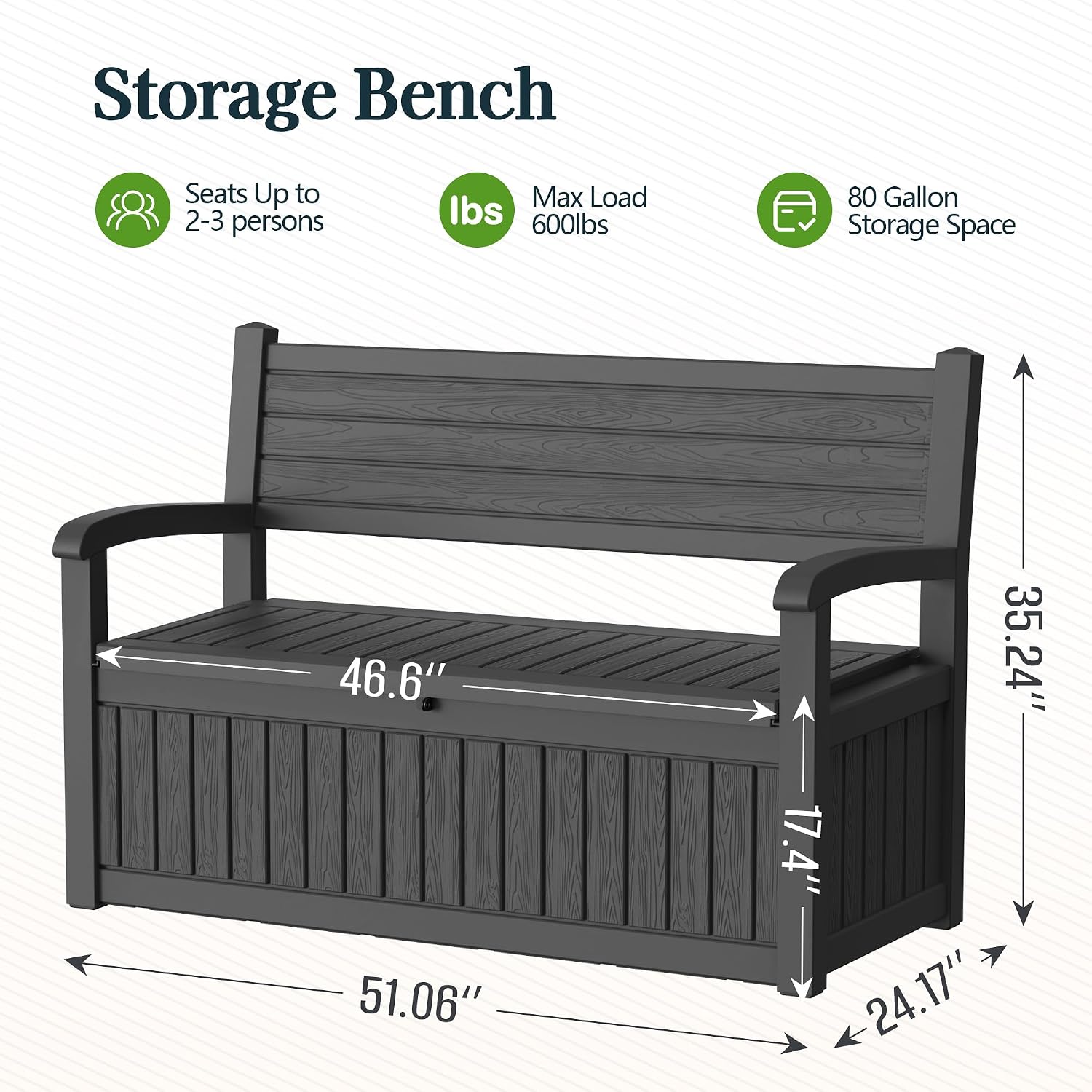 Outdoor Bench with Storage, Waterproof Garden Storage Bench, 100 Gallon Lockable Resin Deck Box, Weatherproof Bench Seating for Patio Yard Cushions Tools, Black