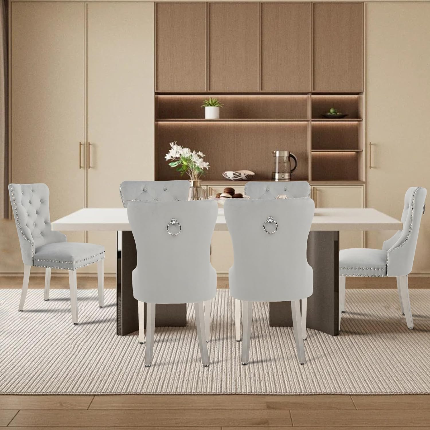 adochr Velvet Dining Chairs Set of 2, Tufted Upholstered Dining Room Chair with Pull Ring and Stainless Steel Legs, Kitchen Chairs 350 LBS Capacity, Light Grey