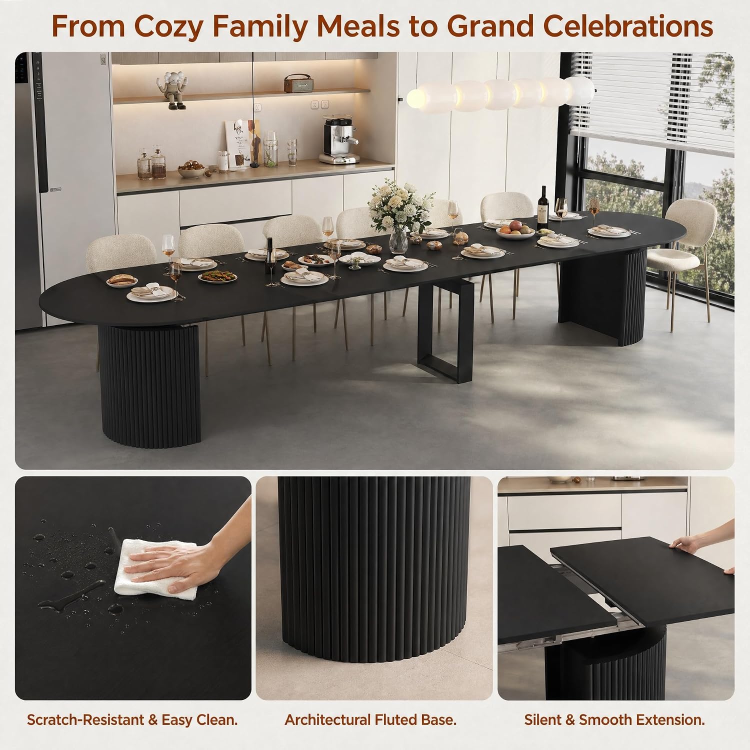 44"-132" Long Round Extendable Dining Table for 4-12, Farmhouse Oval Expandable Dinner Kitchen Table with Fluted Base, Space Saving Mid Century Modern Dining Room Tables for Dining Living Room,Black