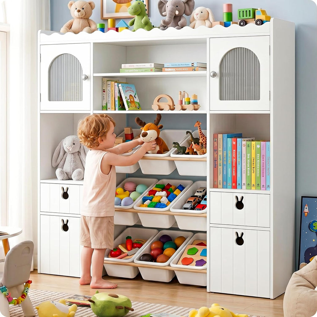 46.46" H Kids Toy Storage Organizer,Toy Chest with Book Shelf,Toy Bins,Storage Cubbies,Drawer and Rolling Cubbies,Easy Access and Clean,Space Saving for Playroom,Bedroom,Living Room (White)