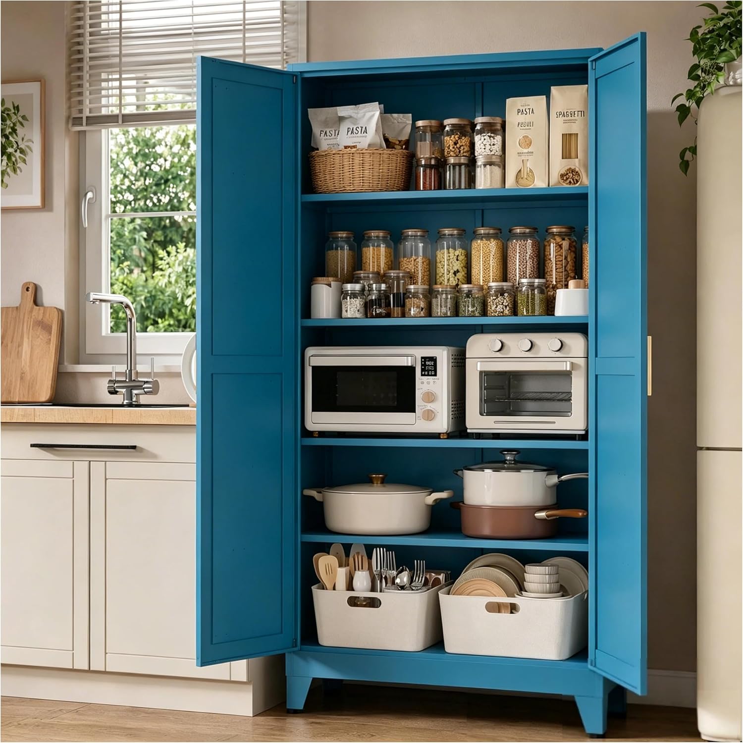 71”H Metal Kitchen Pantry Cabinet, Pantry Cabinets with 2 Doors and 4 Shelves, Kitchen Cabinet for Kitchen, Dining Room, Living Room and Bathroom, Blue
