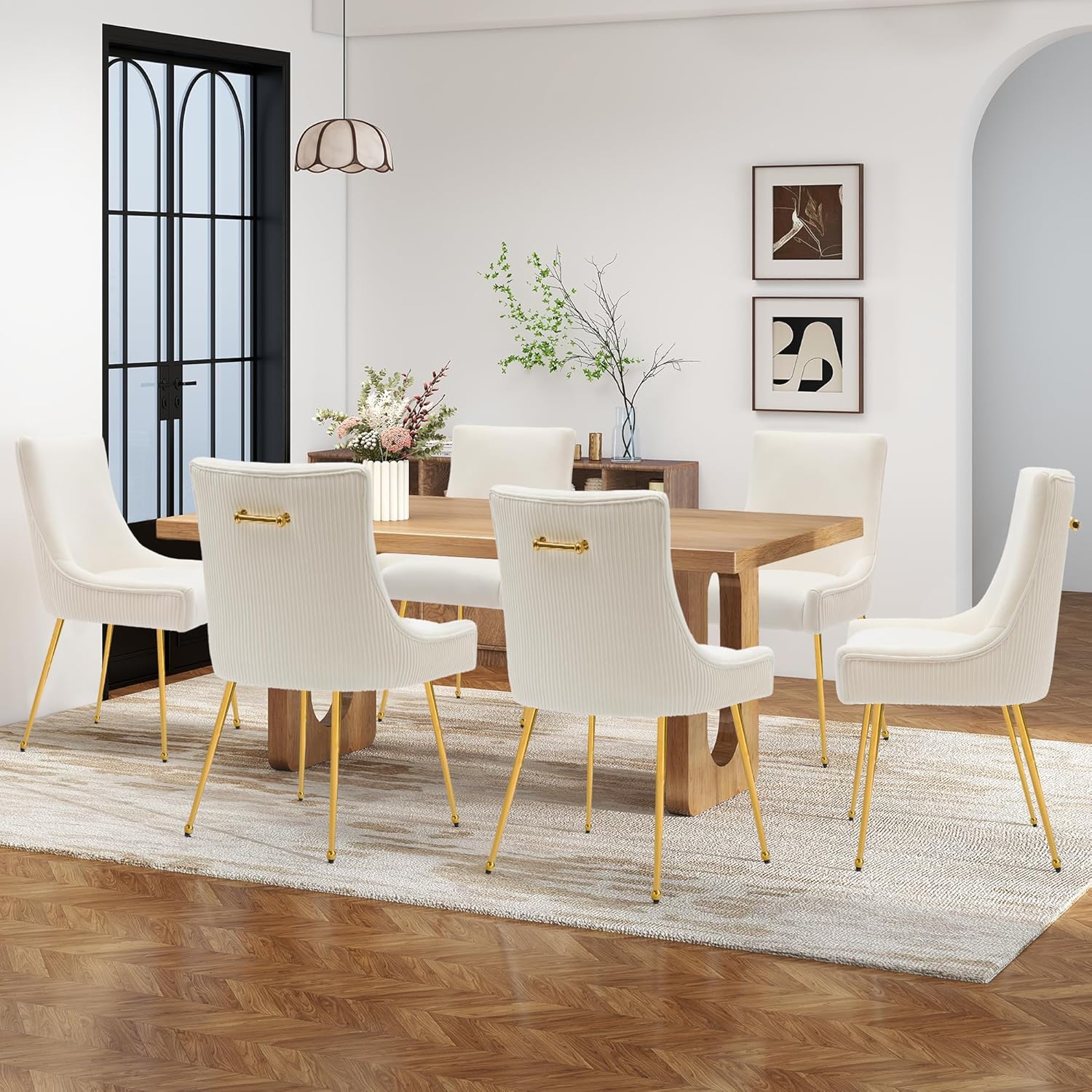 adochr Velvet Dining Chairs Set of 4, Modern Upholstered Kitchen Chair with Pull Handle & Pleated Back, Mid Century Accent Chair with Gold Metal Legs for Vanity,Dining,Kitchen,Living Room, Beige