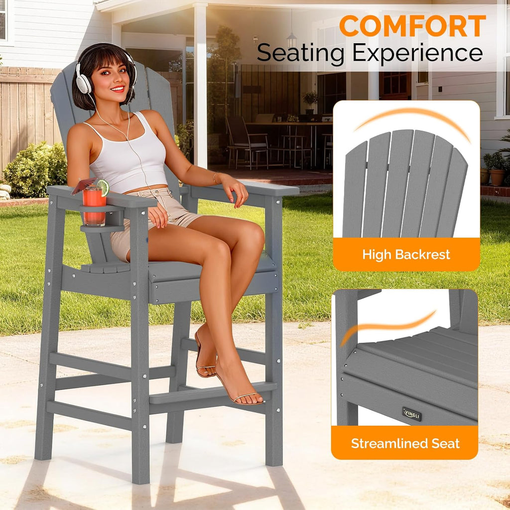 VINGLI Tall Adirondack Chairs Set of 2, All-Weather Plastic Adirondack Chair with Cup Holders, Heavy-Duty HDPE Outdoor Bar Stools for Patio, Balcony, Pool, Backyard (Gray, 2 PCS)