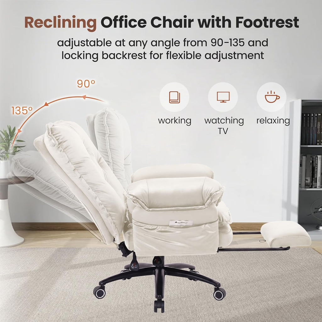 FiveWillowise Criss Cross Chair with Adjustable Arms and Foot Rest, Wide Seat Reclining Office Chair with Wheels, Makeup Vanity Chair with Side Pockets, Comfy Velvet Cross Legged Desk Chair, Beige
