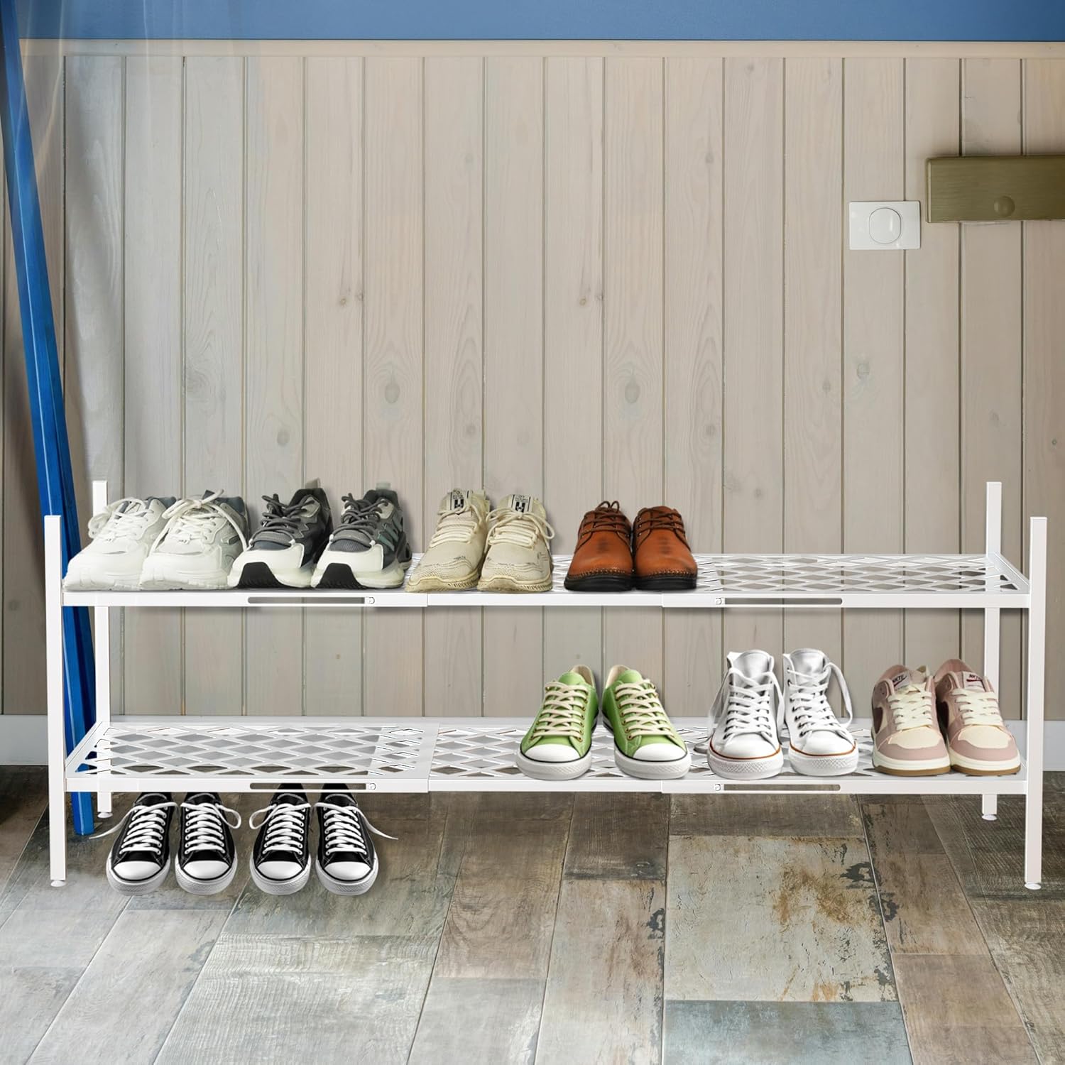 Shoe Rack, Expandable Shoes Organizer Metal Shelf Stand, 2 Tier Stackable Long Shoe Storage Holder For Closet, Floor, Entryway, Garage, Bedroom, Door Entrance For 12-18 Pairs, 45.6 inches White