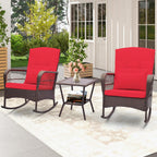 ORALNER 3 Pieces Patio Furniture Wicker Rocker Set, Outdoor Rocking Chairs with Cushions, Pillows, Glass Coffee Table, Rattan Bistro Set for Balcony Front Porch Poolside Garden Deck (Red)