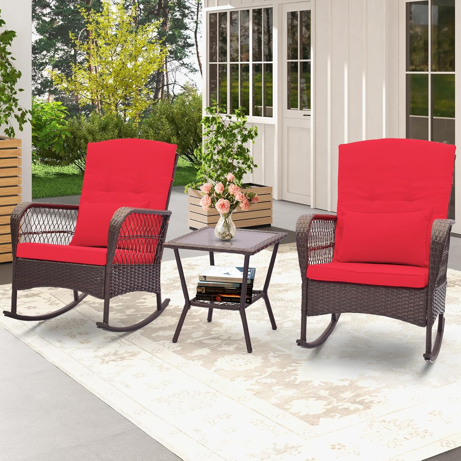 ORALNER 3 Pieces Patio Furniture Wicker Rocker Set, Outdoor Rocking Chairs with Cushions, Pillows, Glass Coffee Table, Rattan Bistro Set for Balcony Front Porch Poolside Garden Deck (Red)