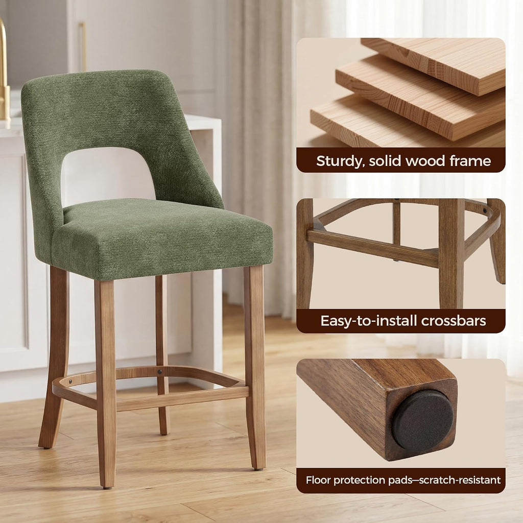 UVV Bar Stools Set of 4, Upholstered Counter Height Bar Stools, Modern Counter Stools with Wood Legs for Kitchen Island Dining Room Bar, Green
