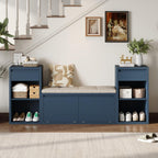 Entryway Bench with Shoe Storage, Solid Wood Shoe Bench with Cushion and Drawers, Open Shelves, Storage Bench for Entry Way, Living Room, Hallway, Antique Navy