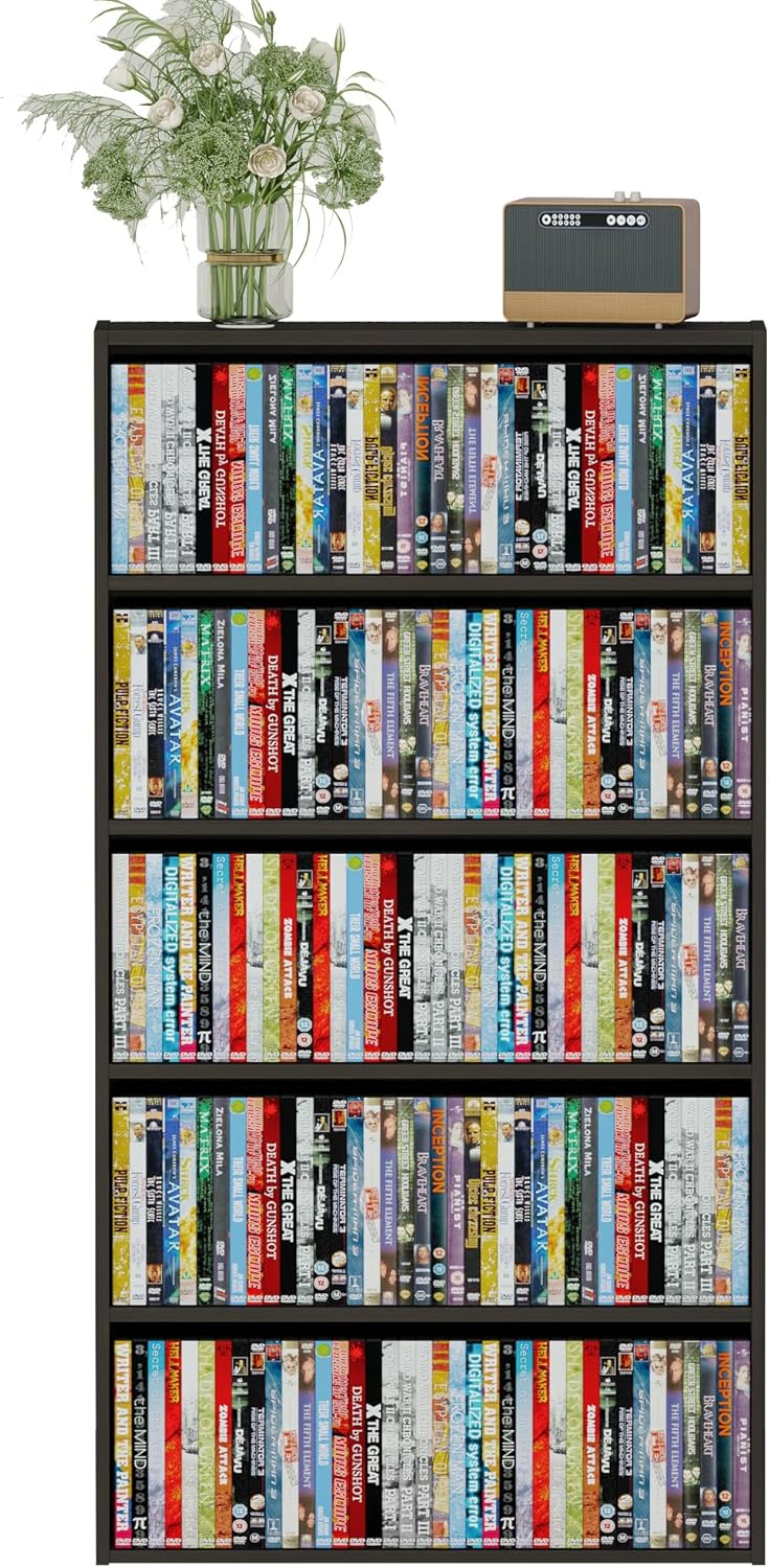DVD Storage Cabinet Shelf, 5 Tier Media Storage Tower for CDs & Video Games, Freestanding Organizer Shelf for Living Room Home Office, Holds 200+ DVDs(Black)