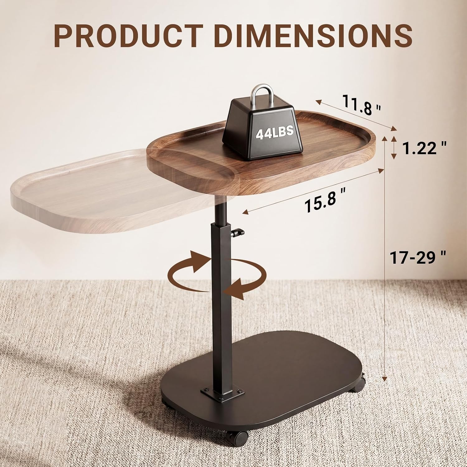 Adjustable Height TV Tray Table for Snack, Eating, Dinner or Laptop, 360°Rolling C Shaped End Table for Couch, Sofa, Chair, Bed, Perfect for Small Places, Livingroom, Bedroom