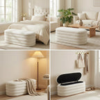 Furniliving Storage Ottoman Bench, 45'' Upholstered Boucle Ottoman with Storage, Aesthetic Bedroom Bench for Living Room Entryway, Beige