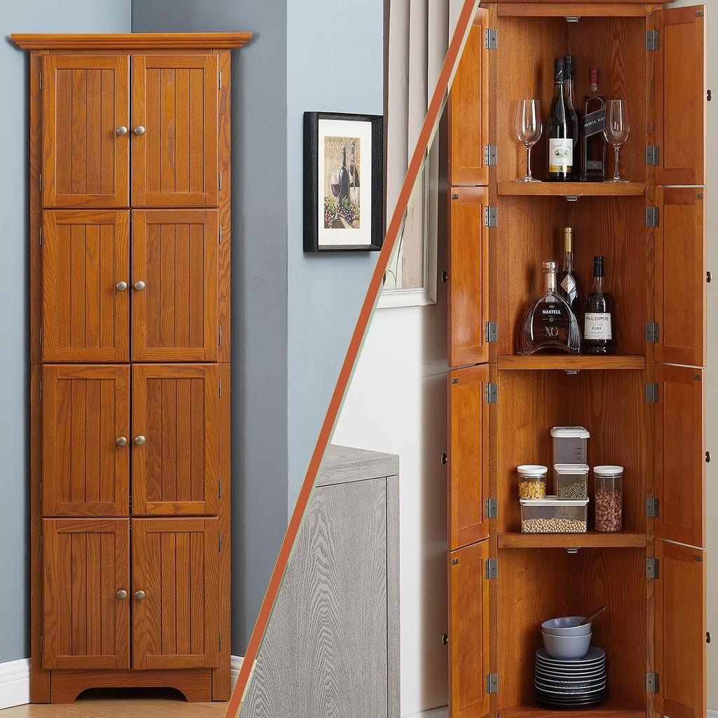 4-Tier Corner Kitchen Pantry Storage Cabinet with Shelves, 72" Tall Kitchen Storage Cabinets with 8 Doors, Narrow Pantry Cabinet with Space Saving, Storage Floor Cabinet for Place (Oak)