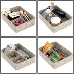 BTSKY Desk Drawer Organizer Tray, Coffee Station Organizer Tea Bag Organizer, Woven Seagrass Storage Basket with 4 Divided Sections Handwoven Wicker Basket for Shelves, Pantry, Coffee Bar (White)