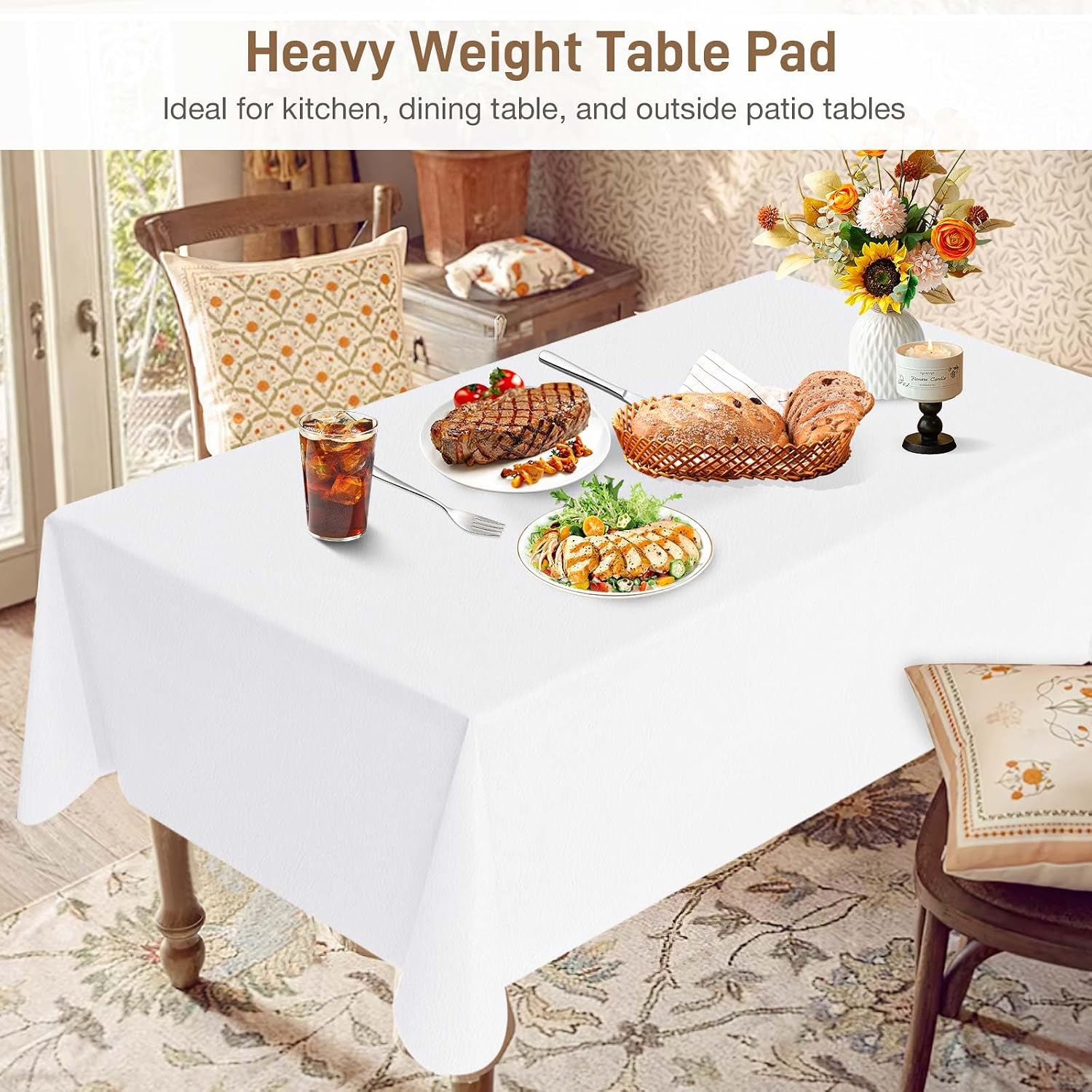 Table Protector Pad with Flannel Backing, Heavy-Duty Vinyl Table Padding Under Tablecloth, Waterproof, Heat Resistant, 72 x 54 inches, Rectangular