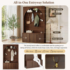 LUMISOL 77" Entryway Hall Tree with Bench and Coat Rack, Hall Tree Bench with Shoe Storage, 4 Hooks, Shelf, Wooden Style Coat Rack for Living Room, Mudroom, Arched Design, Walnut