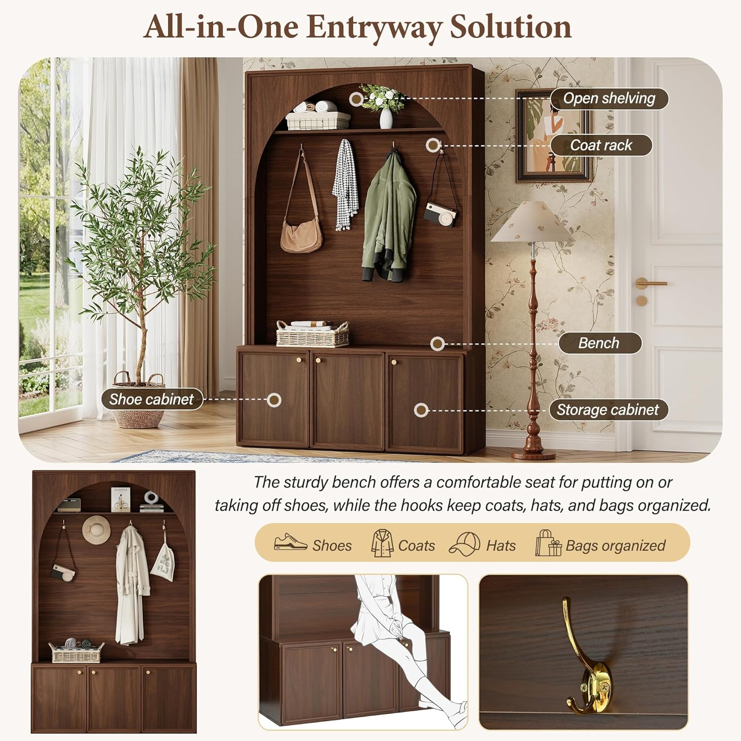 LUMISOL 77" Entryway Hall Tree with Bench and Coat Rack, Hall Tree Bench with Shoe Storage, 4 Hooks, Shelf, Wooden Style Coat Rack for Living Room, Mudroom, Arched Design, Walnut