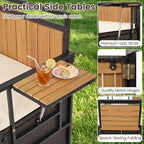 Outdoor Storage Bench, Outside Cushioned Loveseat Seating with Acacia Wood Backrest, 2 Folding Side Tables & 2 Doors, PE Rattan Deck Box for Patio Cushions, Garden Tools & Pool Supplies