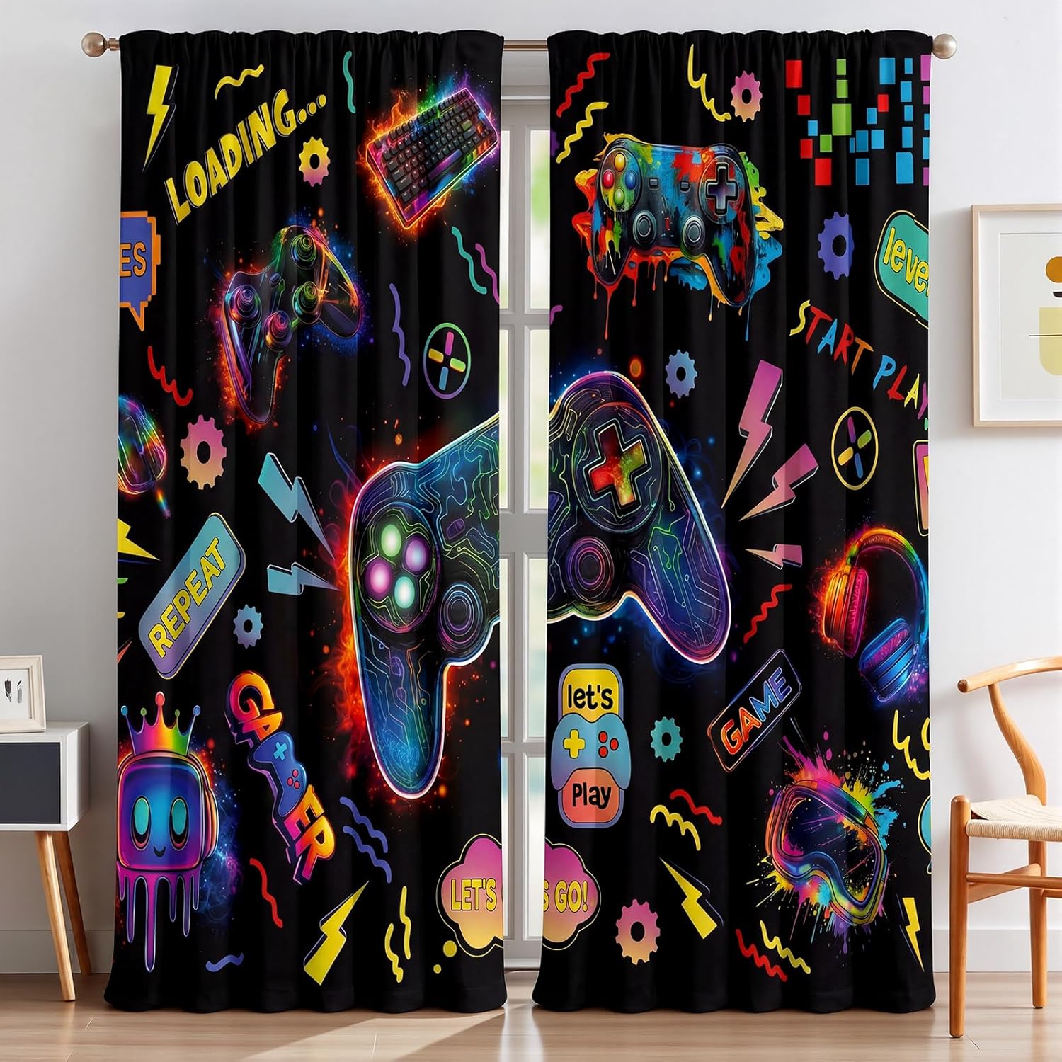 Peryiter Games Curtain Bedroom Room Decor Neon Gamer Curtain with 2 Tiebacks 42 x 84 Inch Thermal Insulated Window Drapes for Bathroom Nursery Home Decoration, 2 Panels
