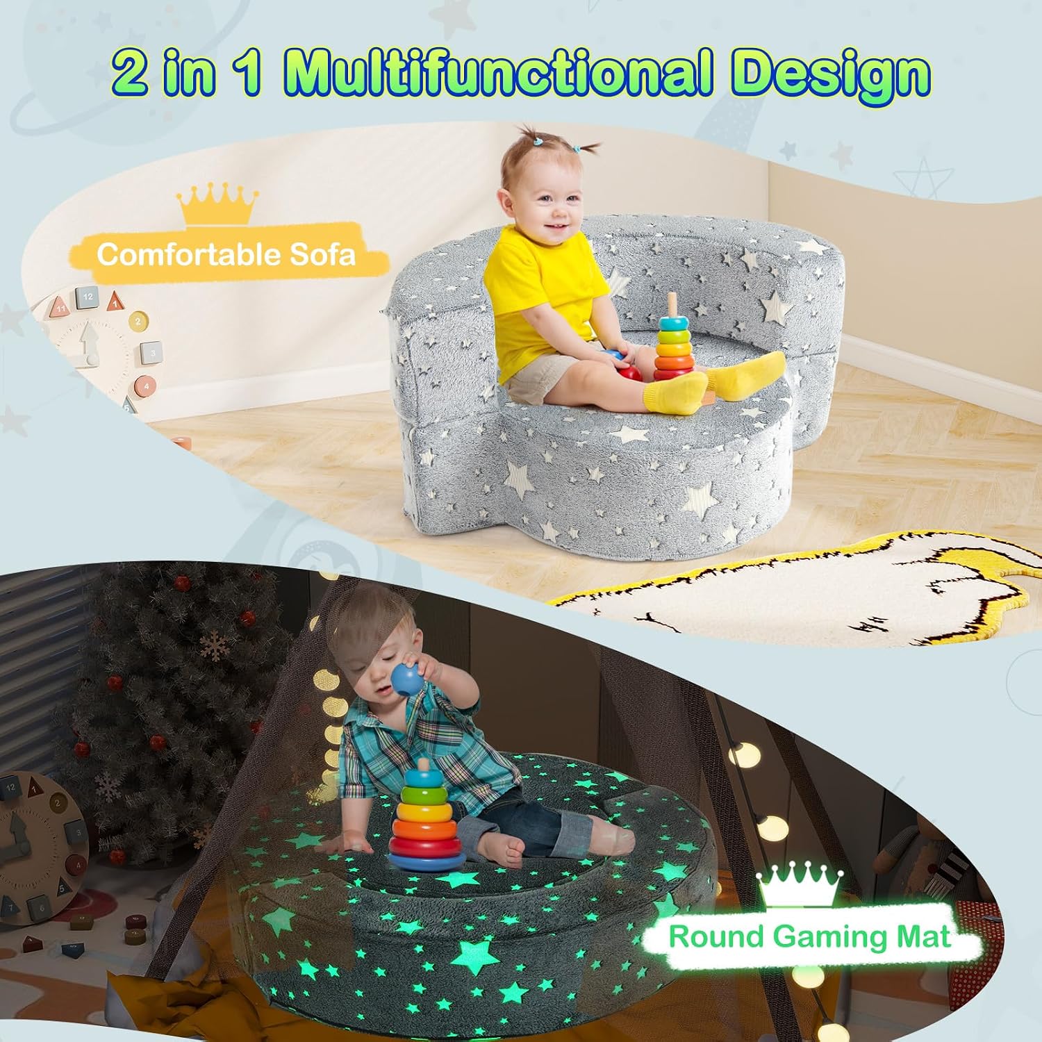 Costzon Kids Couch, 2 in 1 Convertible Toddler Reading Chair Sofa Glow in The Dark with 8-inch Sitting Cushion, Flannel Cover, Lightweight Children Plush Sofa Chair for Boys Girls Gifts