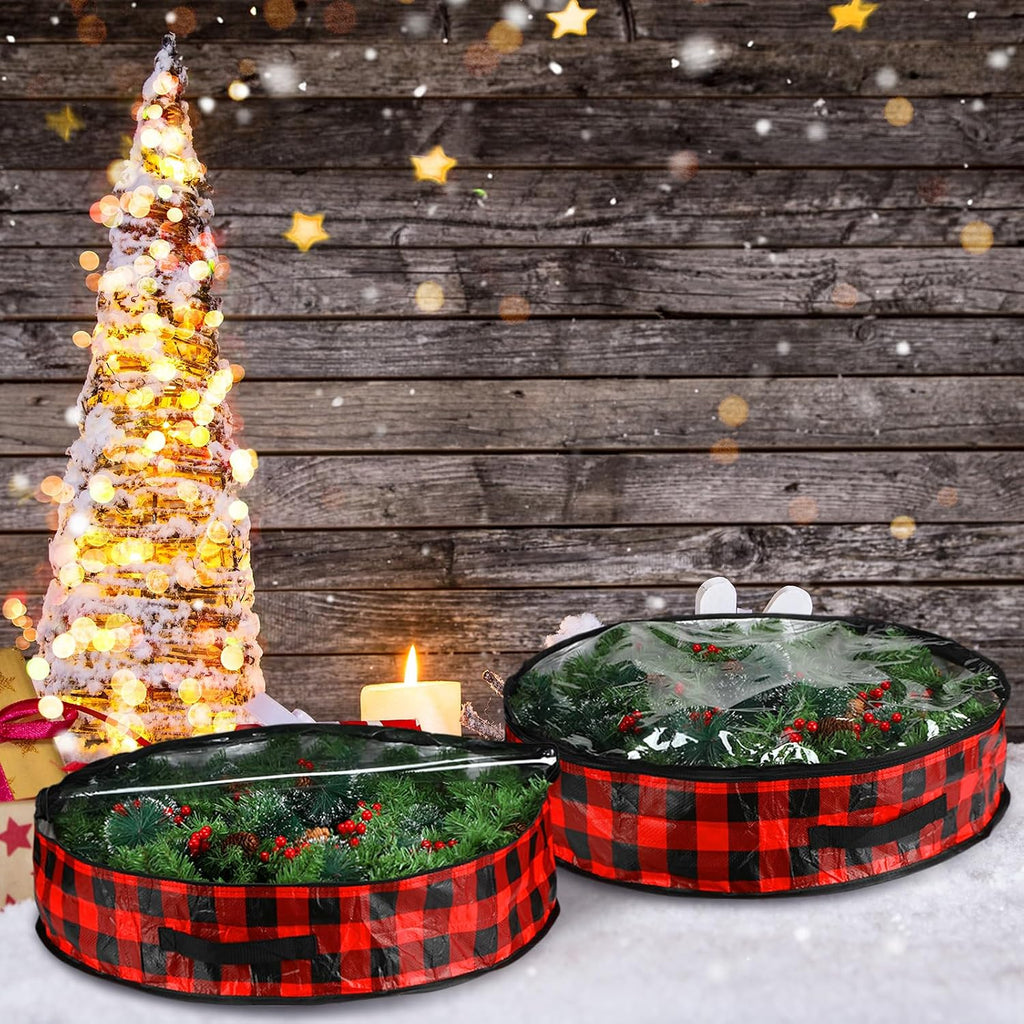 Kingdder 4 Pcs Christmas Wreath Storage Bags 30 Inch Xmas Garland Container Case with Clear Window Handles Zipper Black and Red Buffalo Plaid Wreath Box for Holiday Seasonal Storage