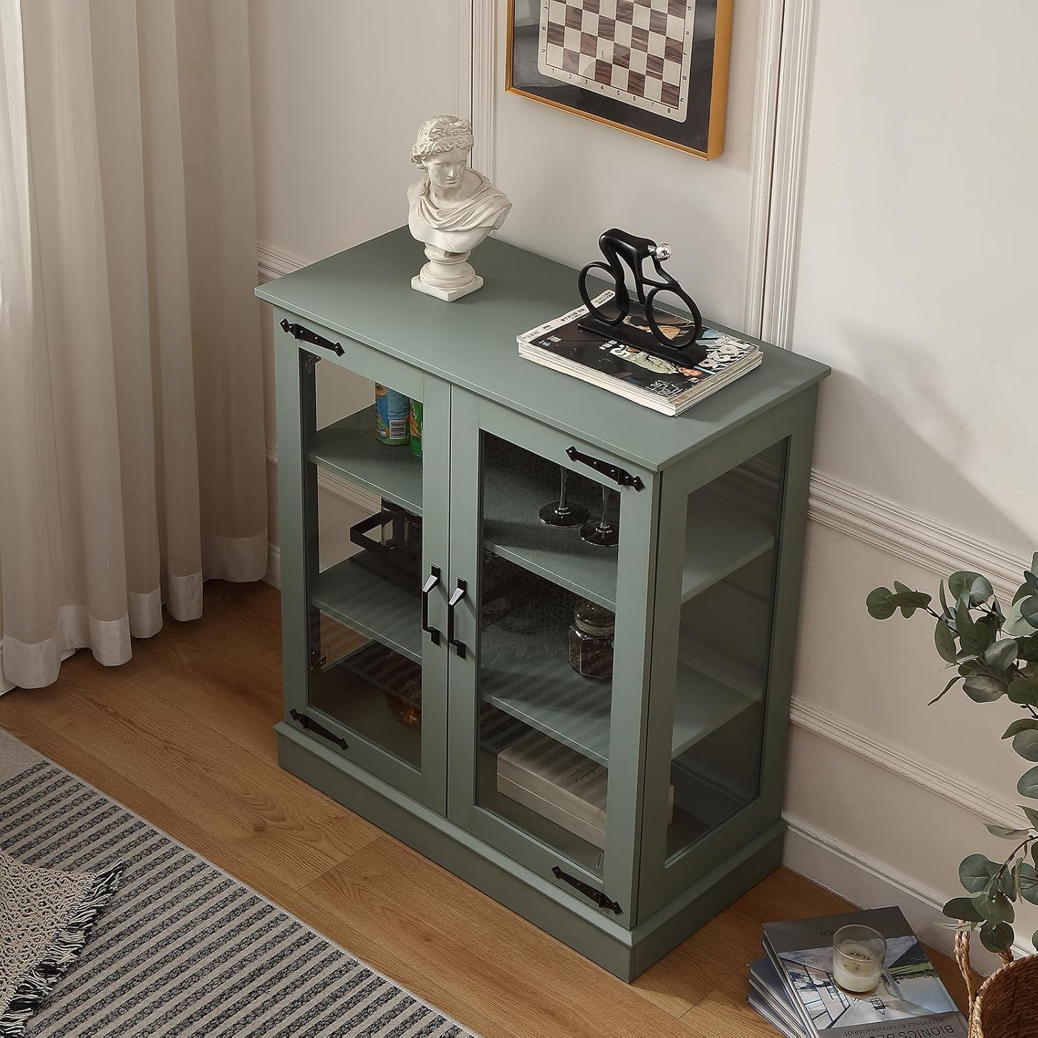 FOREST GRAVITY 31.5'' Small Display Buffet Cabinet with Glass Doors for Great Showcase,Small Coffee bar Cabinet with one Adjustable Shelf and one Fixed Shelf,Modern Sideboard Buffet for Kitchen,Green