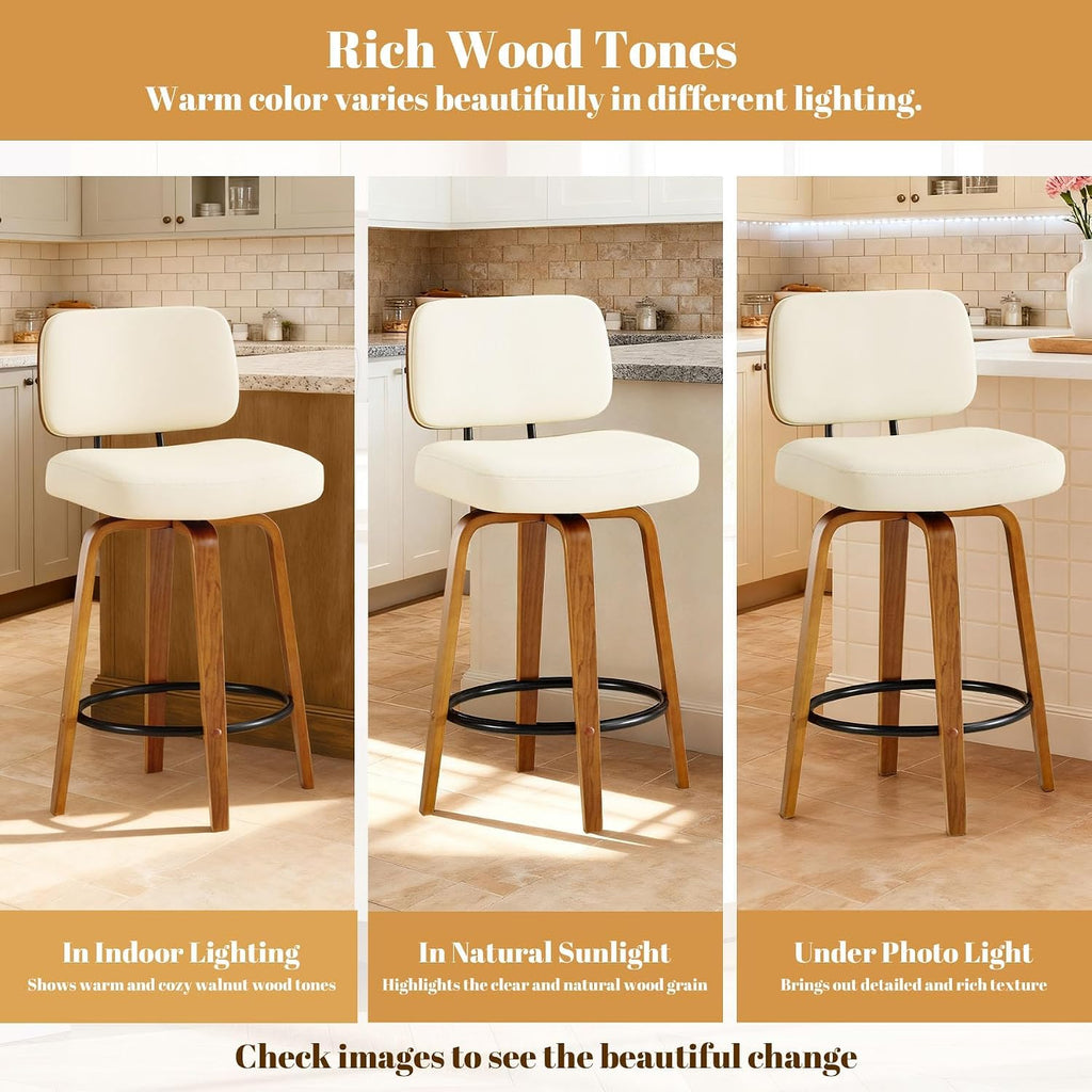 Counter Height Bar Stools Set of 3, 26+inch Swivel Faux Leather Barstool with Back, Upholstered Mid-Century Modern Bar Chairs with Bent Wood Legs for Kitchen Counter, Dining Room, Cream White